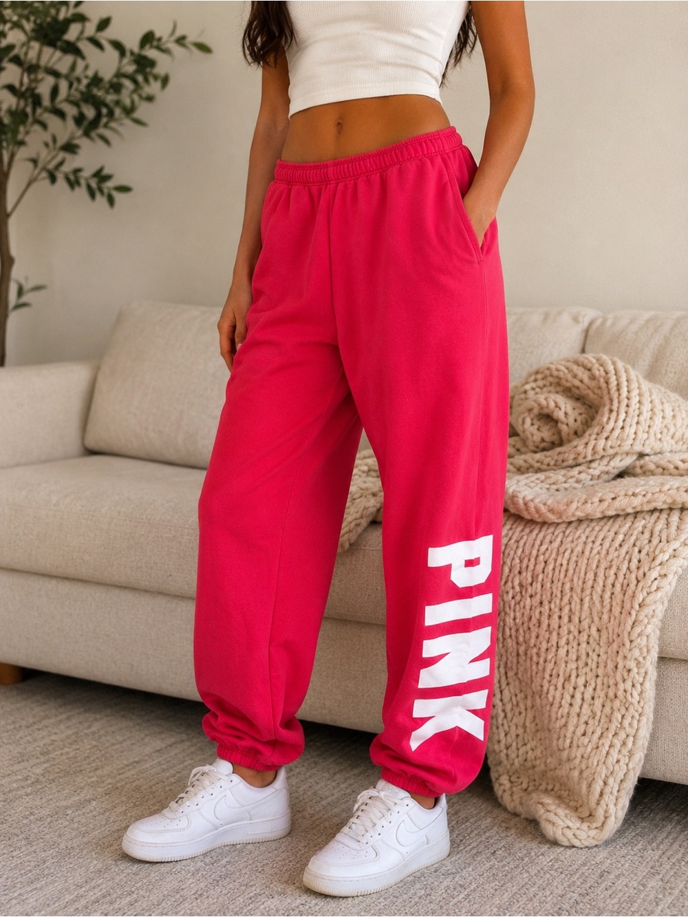 PINK Victoria's Secret Hot Pink Logo Joggers with White Lettering